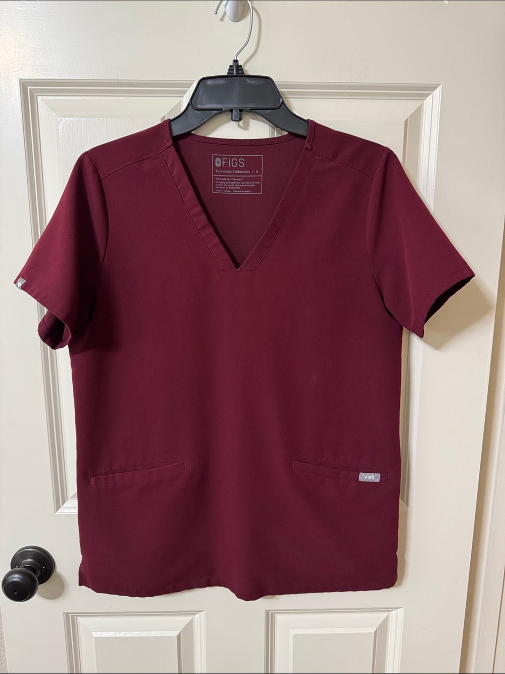 Figs Women's Maroon V-Neck Short Sleeve Scrub Top